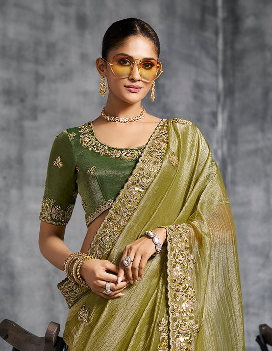 Olive Green Tissue Traditional Saree with Embroidered, Resham and Thread Work for Ceremonial