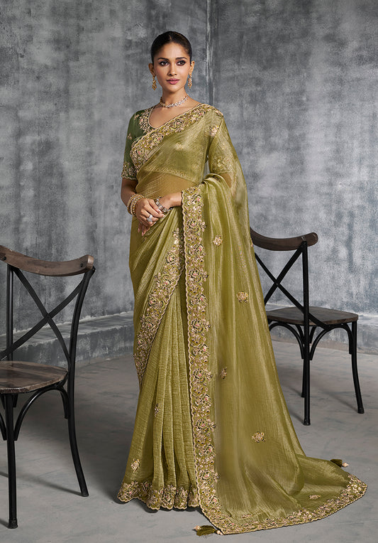 Olive Green Tissue Traditional Saree with Embroidered, Resham and Thread Work for Ceremonial