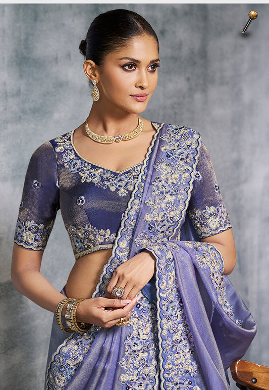 Lavender Tissue Traditional Saree with Embroidered, Resham and Thread Work for Ceremonial