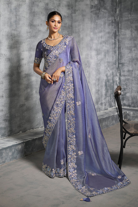 Lavender Tissue Traditional Saree with Embroidered, Resham and Thread Work for Ceremonial