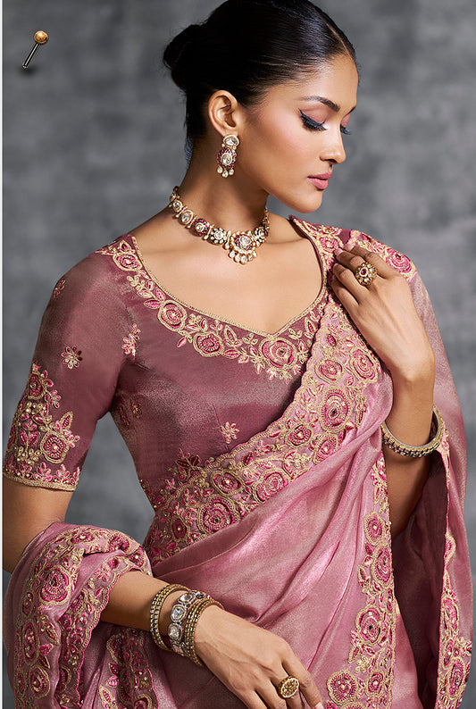 Pink Tissue Traditional Saree with Embroidered, Resham and Thread Work for Ceremonial