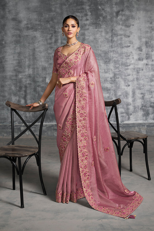 Pink Tissue Traditional Saree with Embroidered, Resham and Thread Work for Ceremonial