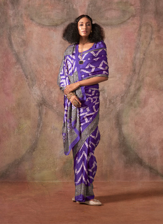 Purple Color Ajrakh Print With Bandhej Pattern Satin Georgette Saree