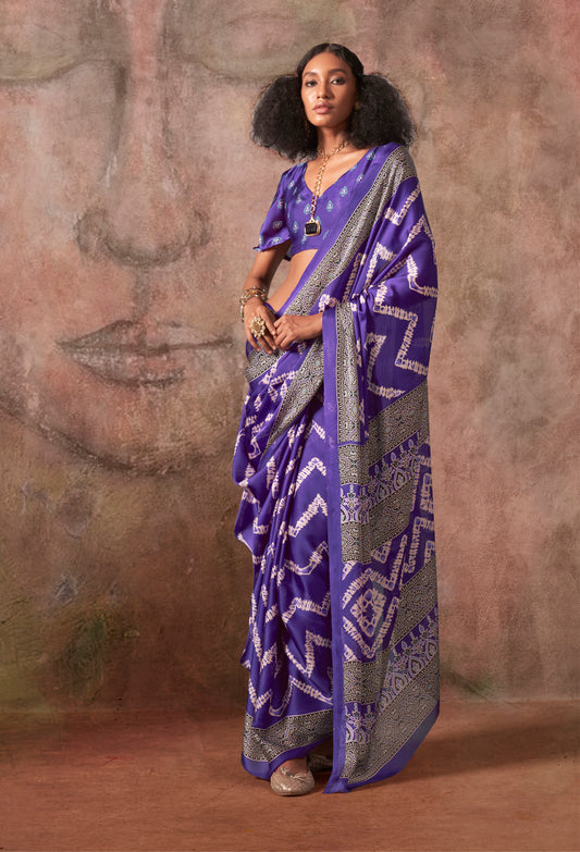 Purple Color Ajrakh Print With Bandhej Pattern Satin Georgette Saree