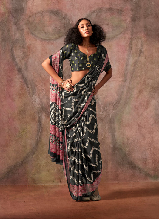 Black Color Ajrakh Print With Bandhej Pattern Satin Georgette Saree