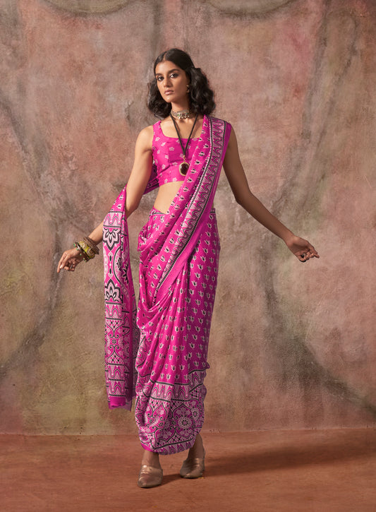 Pink Color Ajrakh Print With Bandhej Pattern Satin Georgette Saree