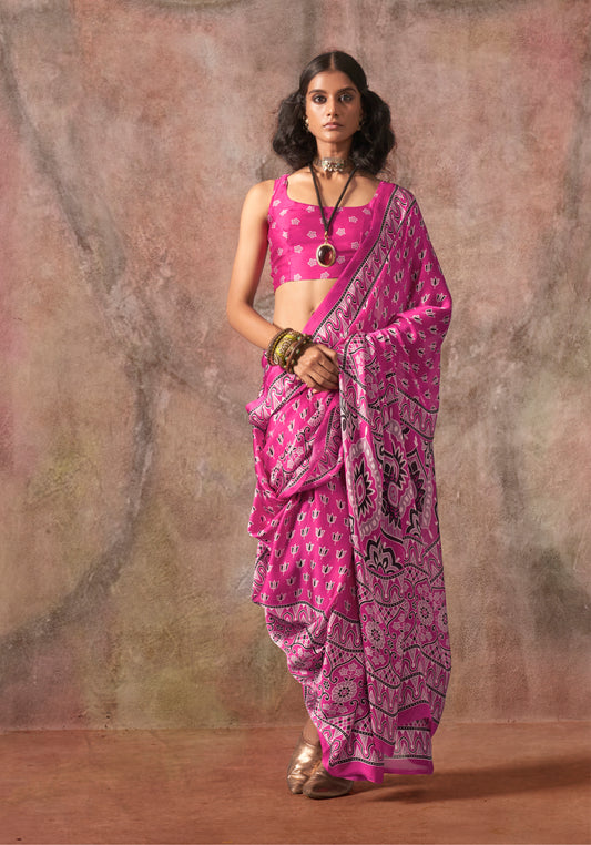 Pink Color Ajrakh Print With Bandhej Pattern Satin Georgette Saree