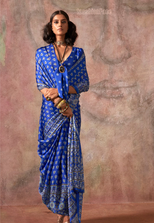 Blue Color Ajrakh Print With Bandhej Pattern Satin Georgette Saree