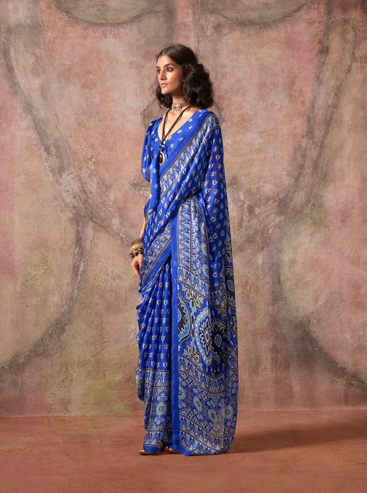 Blue Color Ajrakh Print With Bandhej Pattern Satin Georgette Saree