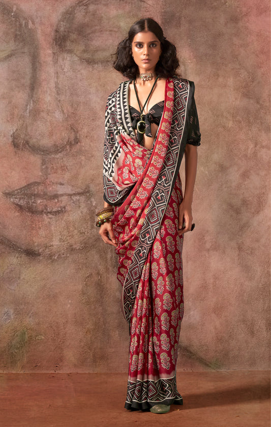 Red & Black Color Ajrakh Print With Bandhej Pattern Satin Georgette Saree