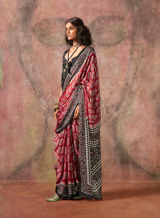 Red & Black Color Ajrakh Print With Bandhej Pattern Satin Georgette Saree