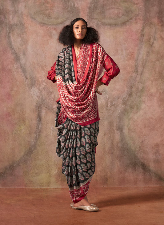 Black & Red Color Ajrakh Print With Bandhej Pattern Satin Georgette Saree