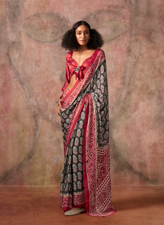 Black & Red Color Ajrakh Print With Bandhej Pattern Satin Georgette Saree