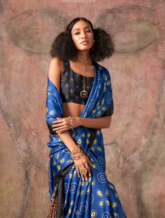 Blue & Black Color Ajrakh Print With Bandhej Pattern Satin Georgette Saree