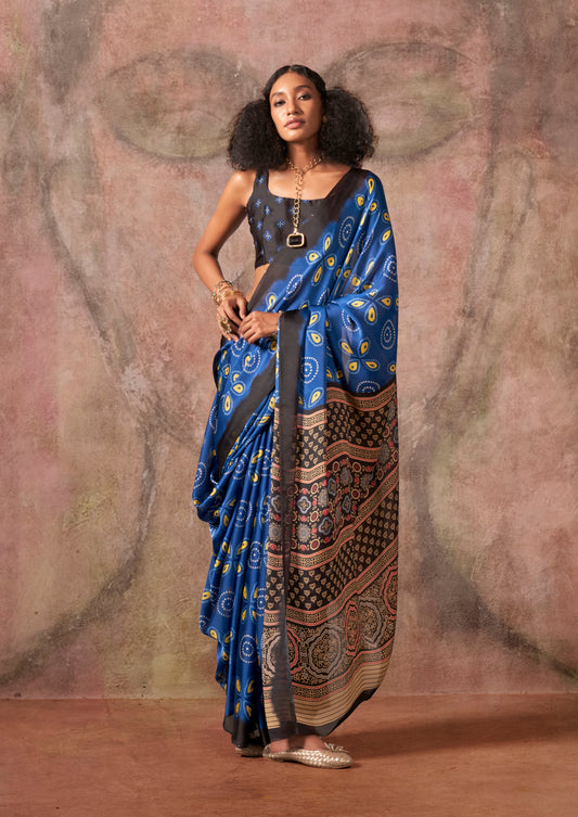 Blue & Black Color Ajrakh Print With Bandhej Pattern Satin Georgette Saree