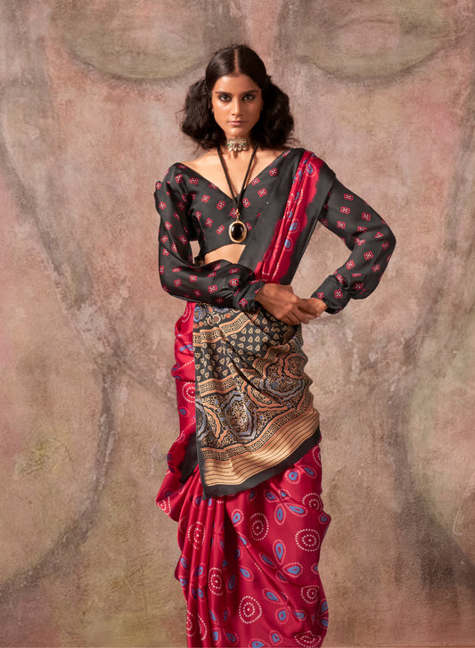Red Color Ajrakh Print With Bandhej Pattern Satin Georgette Saree