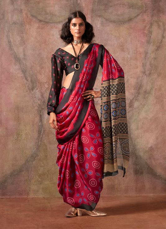 Red Color Ajrakh Print With Bandhej Pattern Satin Georgette Saree