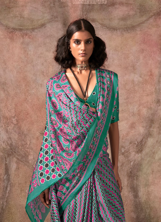 Turquoise Color Ajrakh Print With Bandhej Pattern Satin Georgette Saree