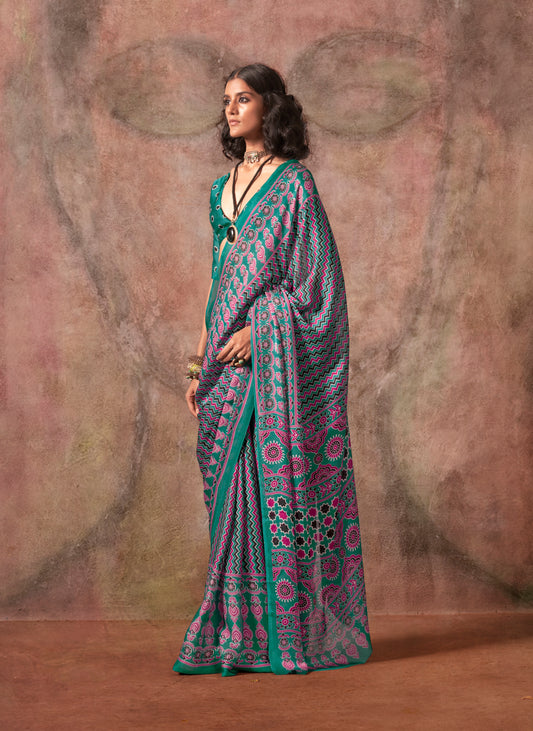 Turquoise Color Ajrakh Print With Bandhej Pattern Satin Georgette Saree