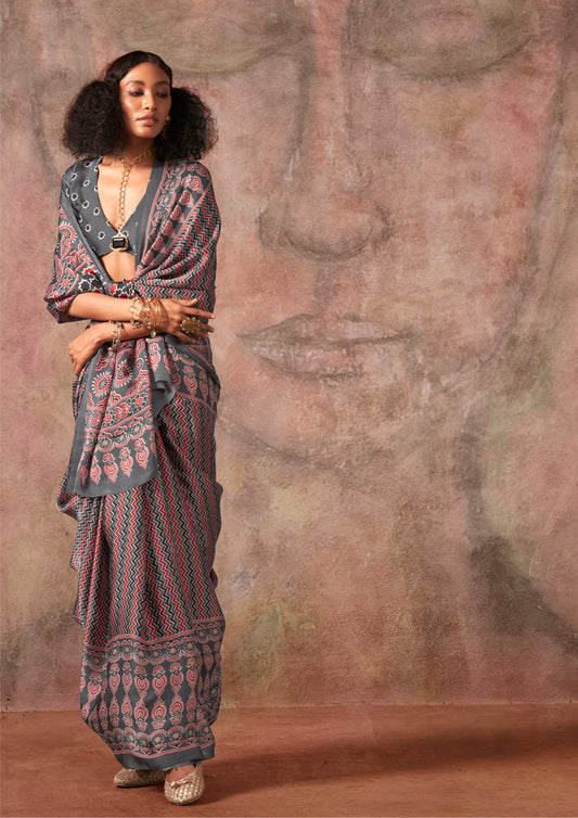 Grey Color Ajrakh Print With Bandhej Pattern Satin Georgette Saree