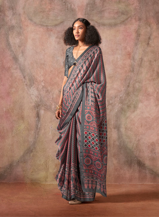 Grey Color Ajrakh Print With Bandhej Pattern Satin Georgette Saree
