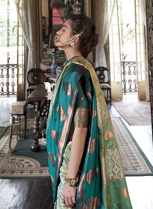 Green Zari Woven Work Silk Indian Traditional Wear Saree