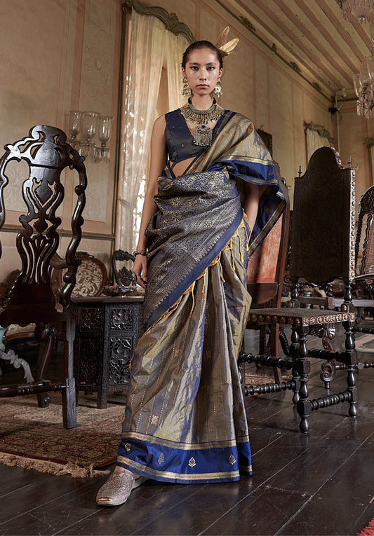 Golden Exclusive Tussar Silk With Elegant Weaving Work Traditional Saree