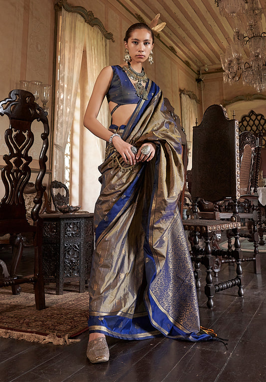 Golden Exclusive Tussar Silk With Elegant Weaving Work Traditional Saree