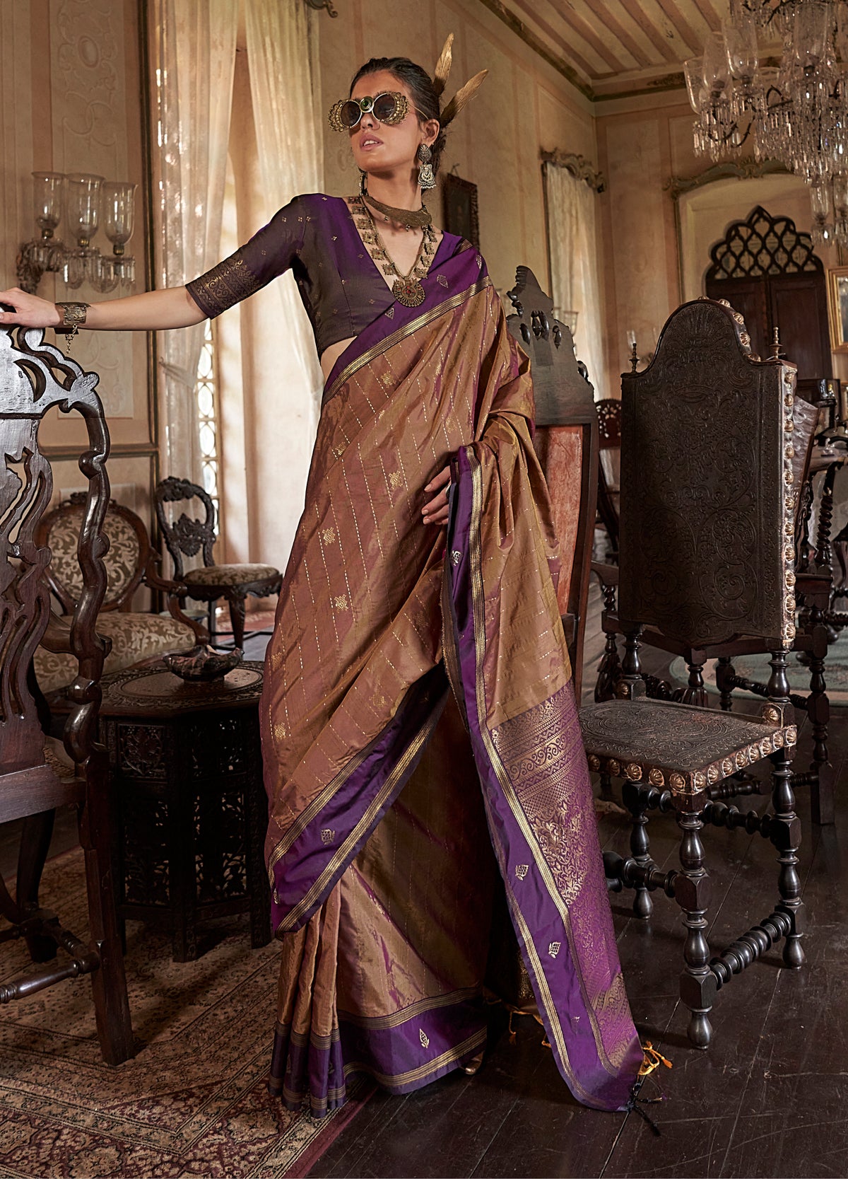 Brown Exclusive Tussar Silk With Elegant Weaving Work Traditional Saree