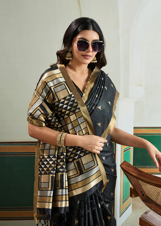 Black Handloom Weaving Silk Festival Wear Saree