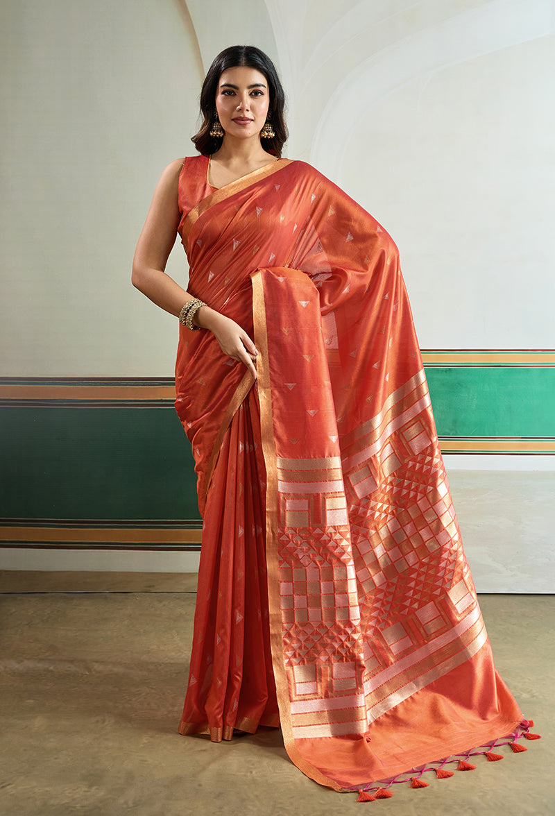 Dark Peach Handloom Weaving Silk Festival Wear Saree