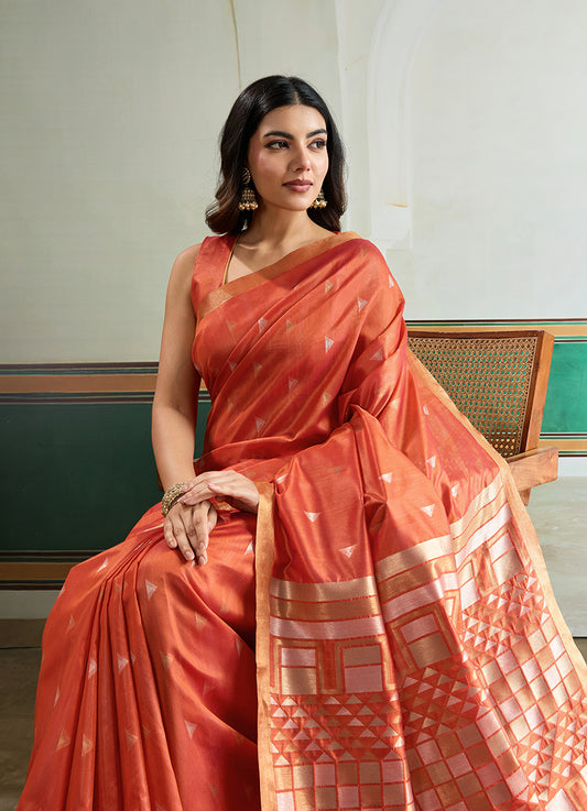 Dark Peach Handloom Weaving Silk Festival Wear Saree