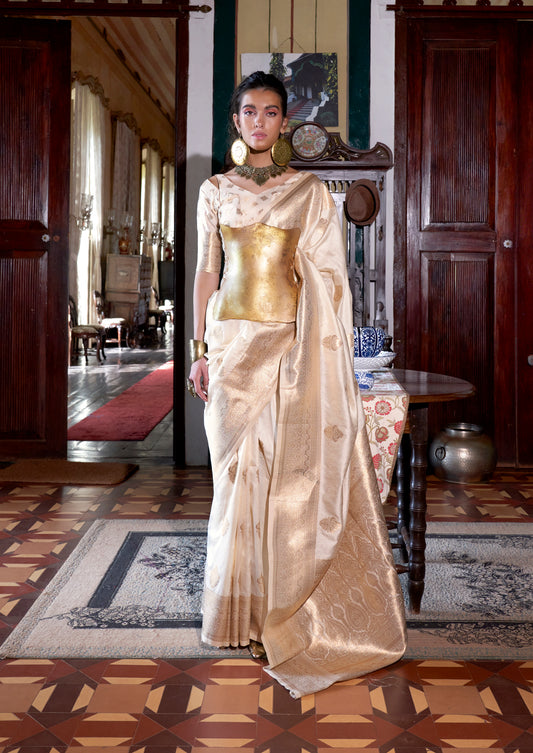 Cream Color Two Tone Hnadloom Weaving Silk Traditional Saree