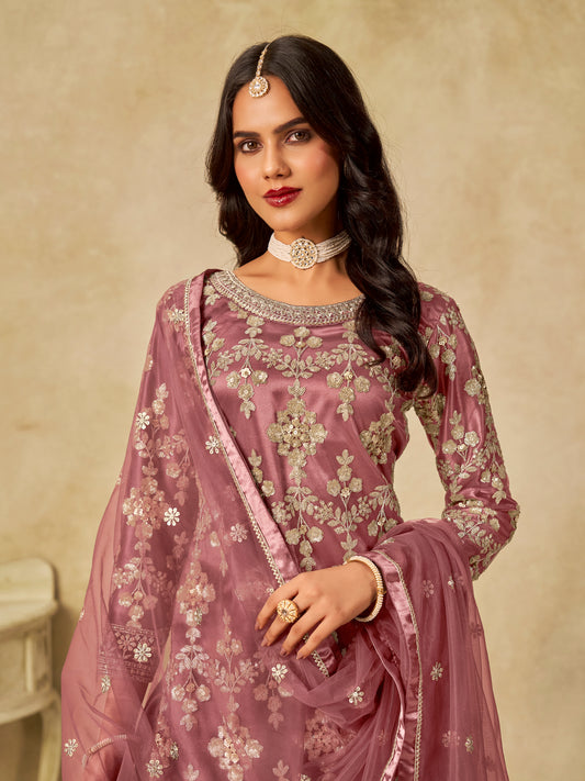 Onion Pink Embroidered Sequins Work Net Palazzo Salwar Kameez