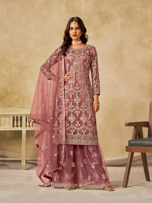 Onion Pink Embroidered Sequins Work Net Palazzo Salwar Kameez