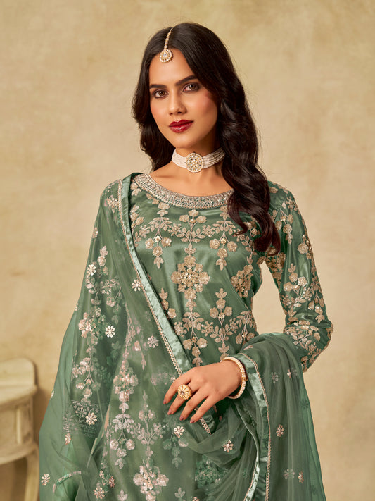 Sea Green Embroidered Sequins Work Net Palazzo Salwar Kameez