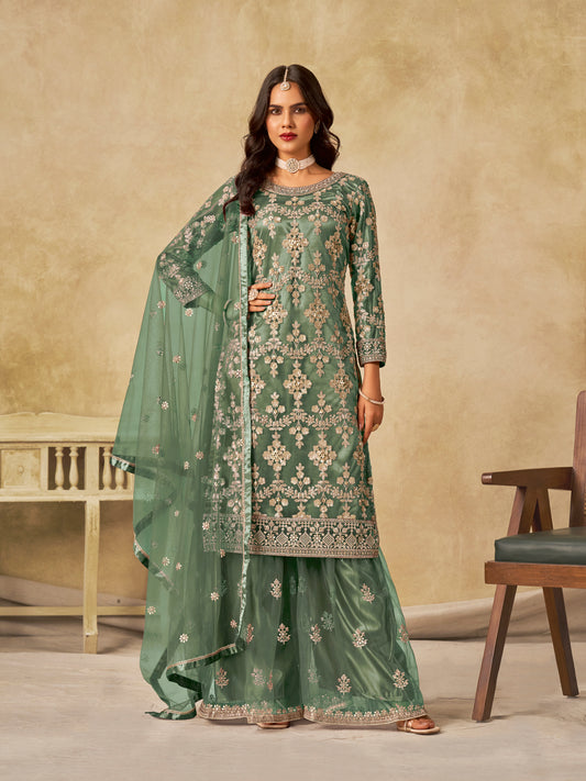 Sea Green Embroidered Sequins Work Net Palazzo Salwar Kameez