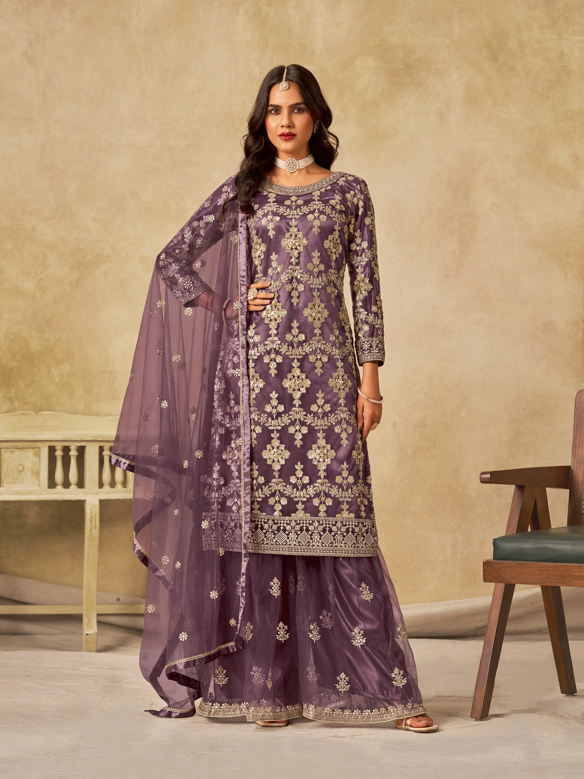 Mauve Embroidered Sequins Work Net Palazzo Salwar Kameez