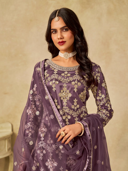 Mauve Embroidered Sequins Work Net Palazzo Salwar Kameez