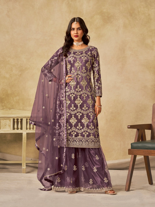 Mauve Embroidered Sequins Work Net Palazzo Salwar Kameez