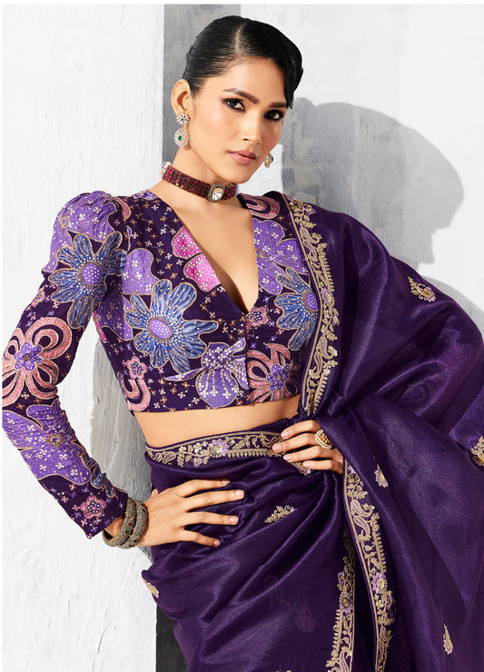 Purple Fancy Fabric Embroidered Contemporary Saree
