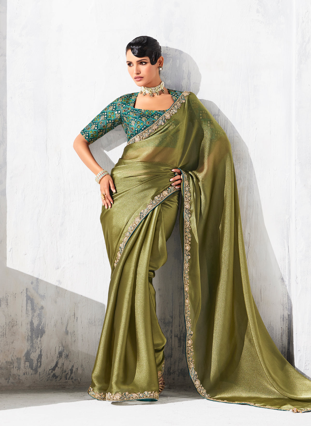 Olive Green Fancy Fabric Embroidered Contemporary Saree