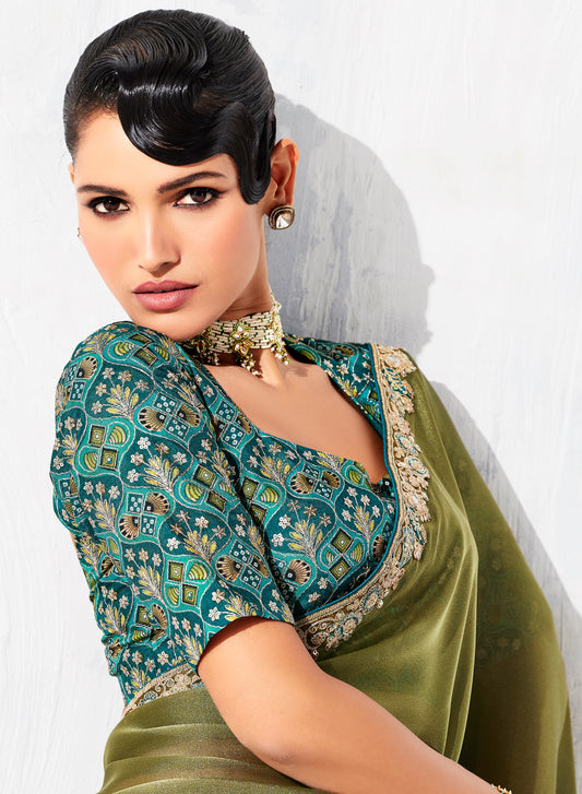 Olive Green Fancy Fabric Embroidered Contemporary Saree