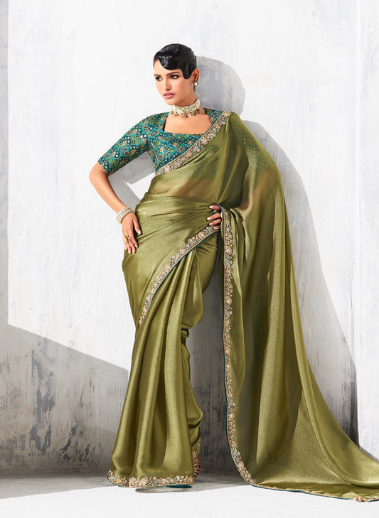 Olive Green Fancy Fabric Embroidered Contemporary Saree