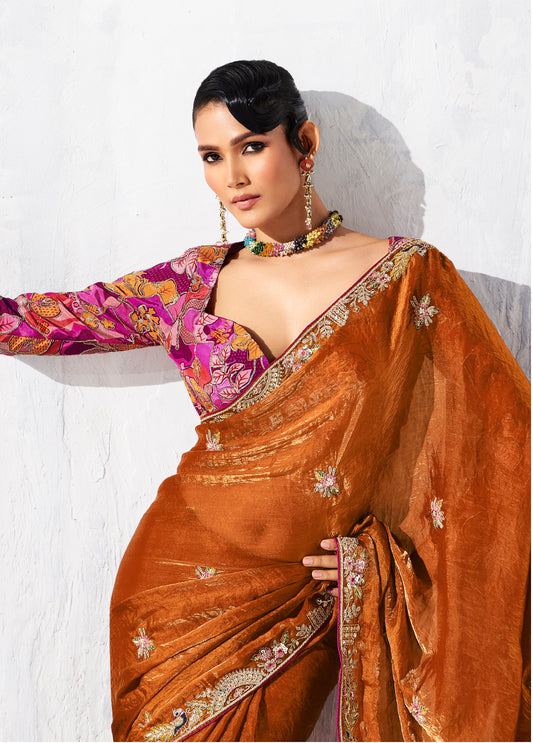 Rust Fancy Fabric Embroidered Contemporary Saree