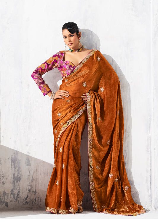 Rust Fancy Fabric Embroidered Contemporary Saree