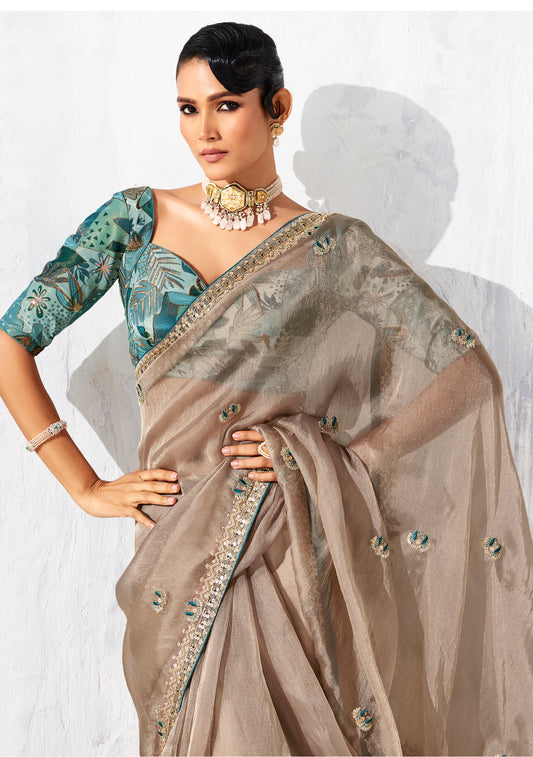 Beige Fancy Fabric Embroidered Contemporary Saree
