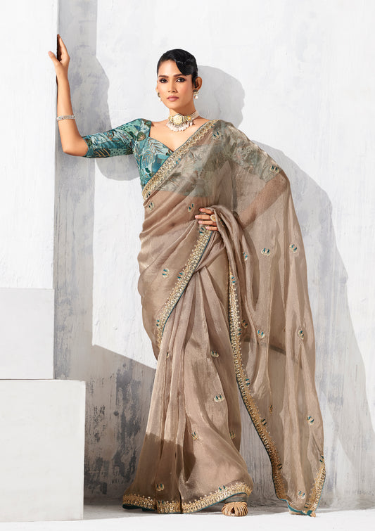 Beige Fancy Fabric Embroidered Contemporary Saree