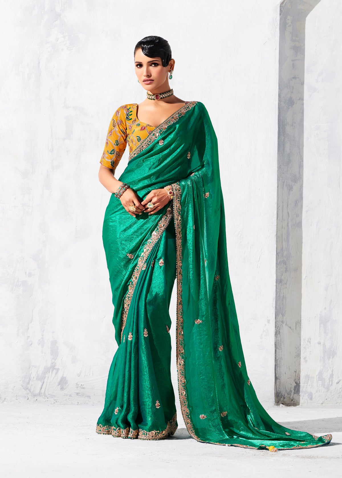 Teal Fancy Fabric Embroidered Contemporary Saree