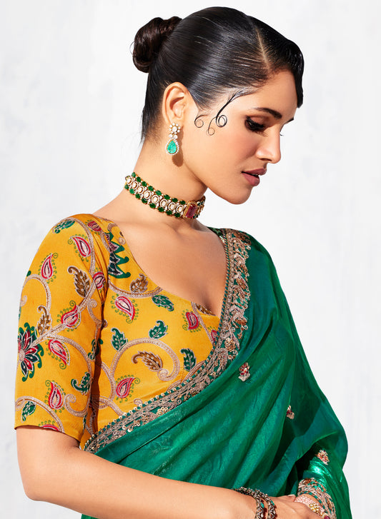 Teal Fancy Fabric Embroidered Contemporary Saree